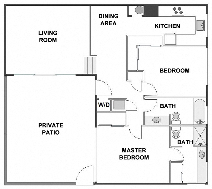 Floor plan for 2 beds, 2 baths, 1100 sqft